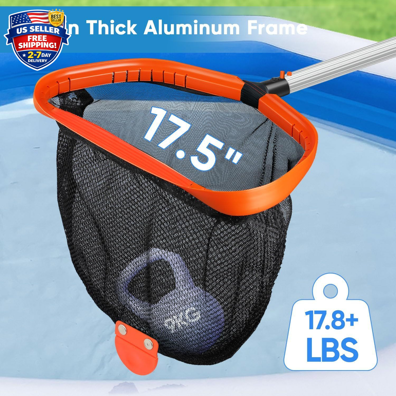 17.5&Prime; Pool Net, Pool Skimmer Net with Double-Layer Netting Bag, Aluminum Frame,