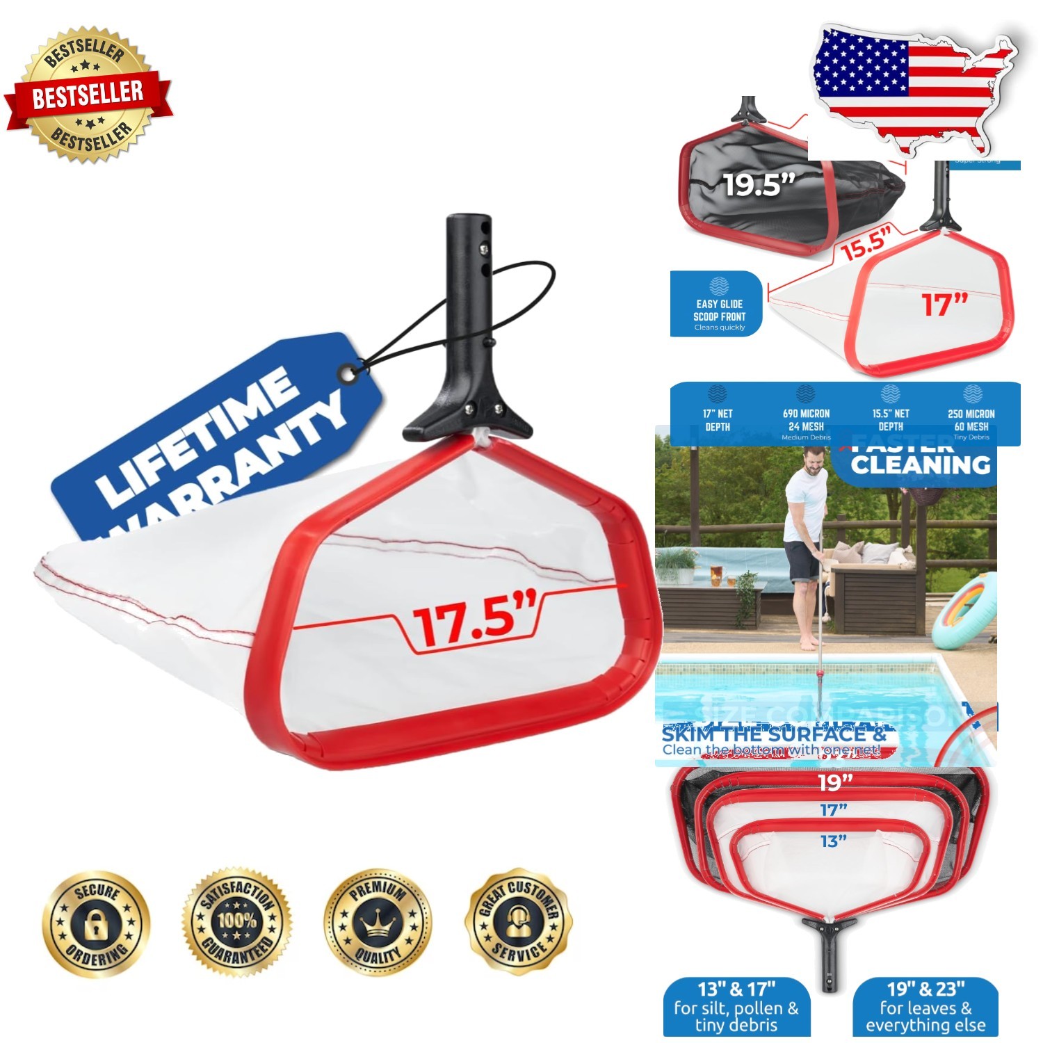 ProTuff Pool Skimmer Net 17&Prime; – Lifetime Replacement, Ultra-Fine Silt Mesh, Al…