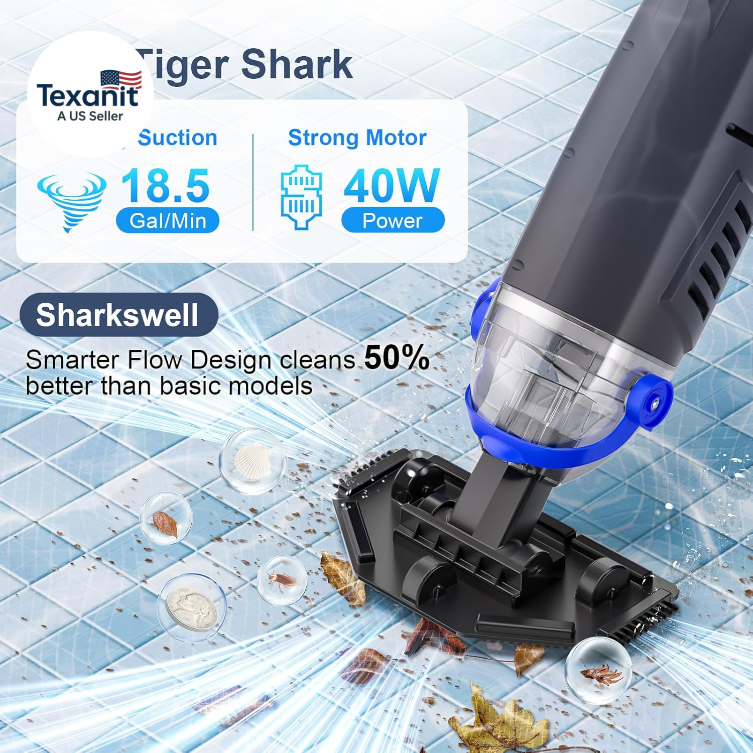 Upgraded Cordless Pool Vacuum with Telescopic Pole, 60 Min Powerful Suction & La