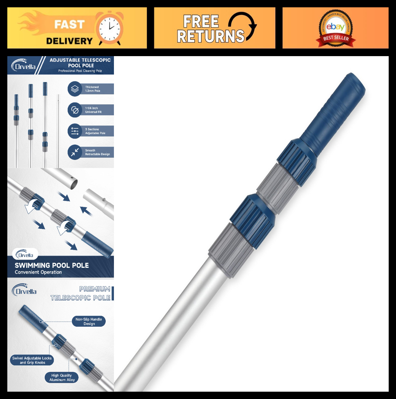 16FT Telescopic Pool Cleaning Pole – Aluminum, Universal Connector for Skimmer,