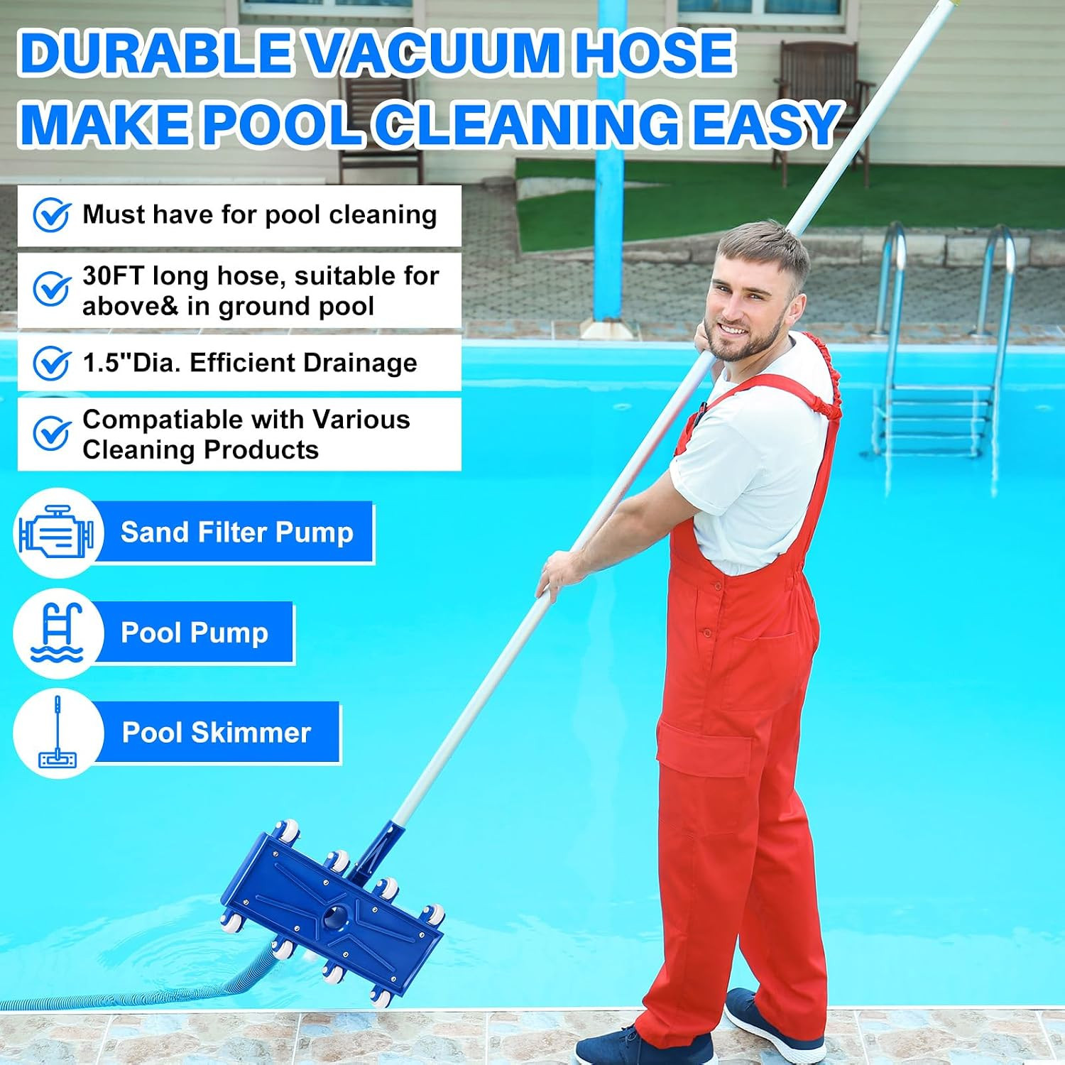 3 Pcs Pool Cleaning Kit 14&Prime; Vacuum Head with Flexible Wheels, 1-1/2 x 18ft Hoses