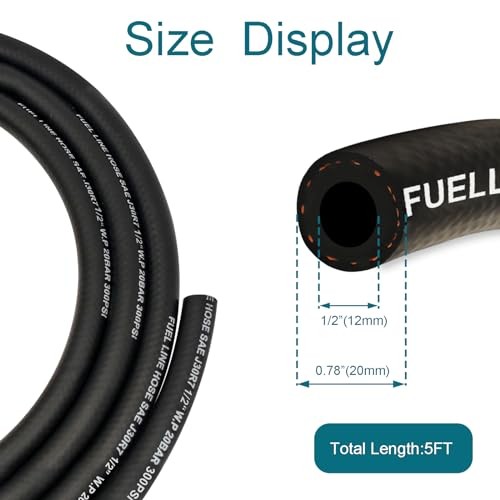 Fuel Line Hose 1/2 Inch ID, 300 psi 5FT Fuel Hose, with 4 Clamps | 300 psi,