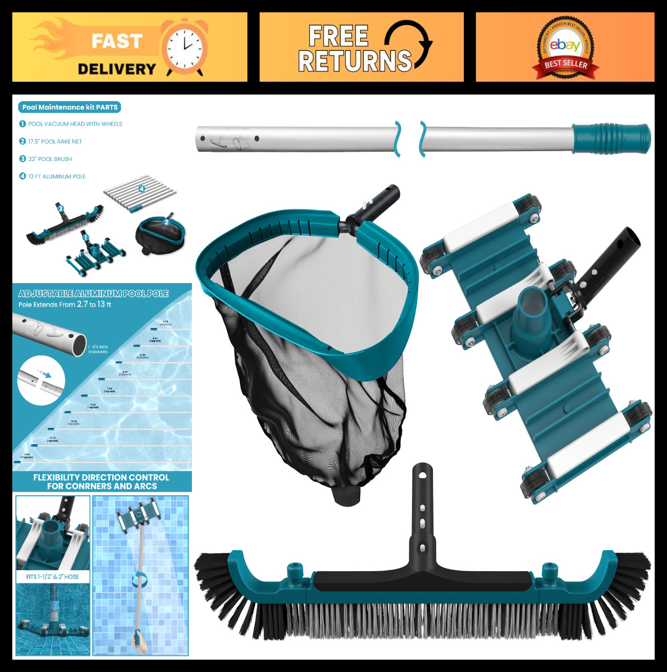 Deluxe Pool Cleaning Kit – Net, Vacuum Head & 13FT Brush Pole for Inground/Above