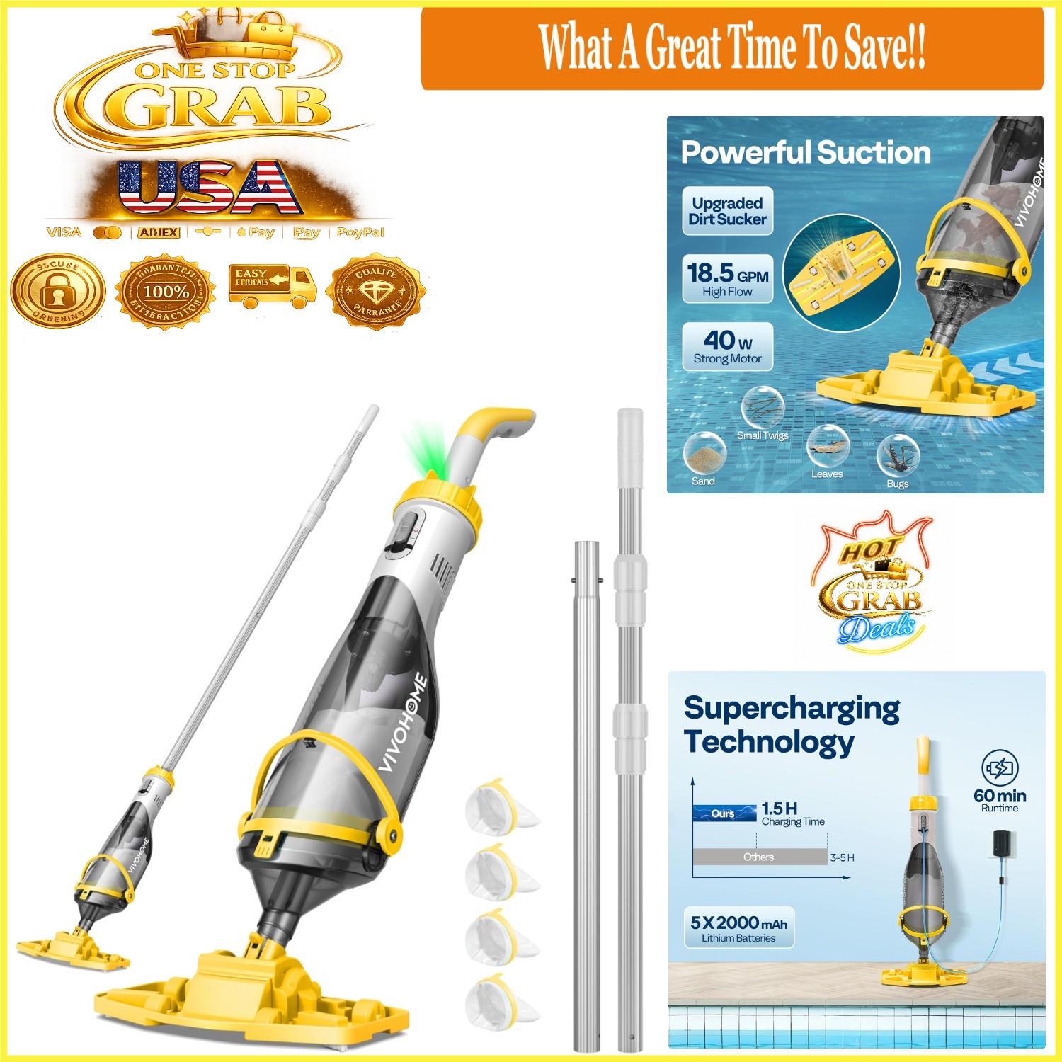 Cordless Pool Vacuum with Telescopic Poles, 18.5 GPM Suction, 60-Minute Batte…
