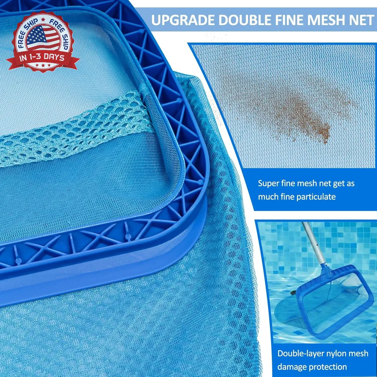 Poolvio Swimming Pool Skimmer Net, Fine Mesh Pool Leaf Rake Net with Double-Laye