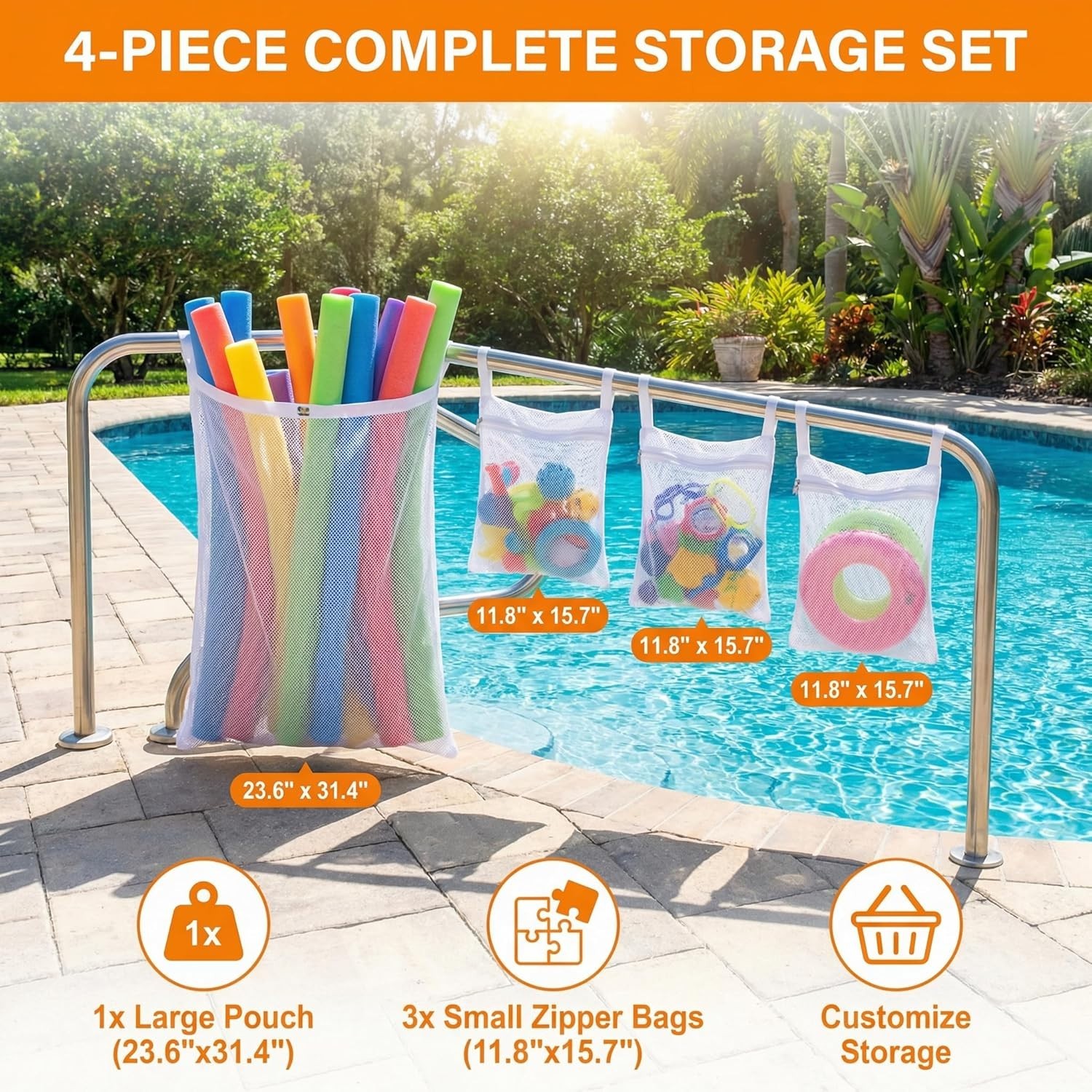 Poolside Mesh Storage Bags 4-Pack Toy Noodle Float Organization Durable Polye…
