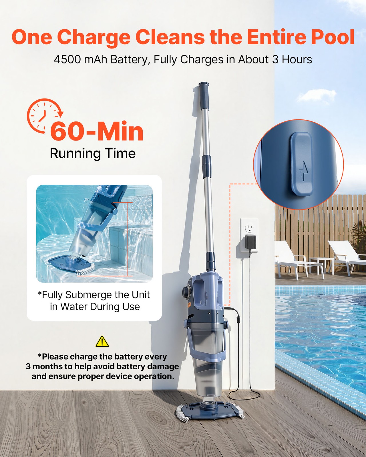 VEVOR Handheld Pool Vacuum Cordless Spa Hot Tub Vacuum 26 GPM Extension Pole