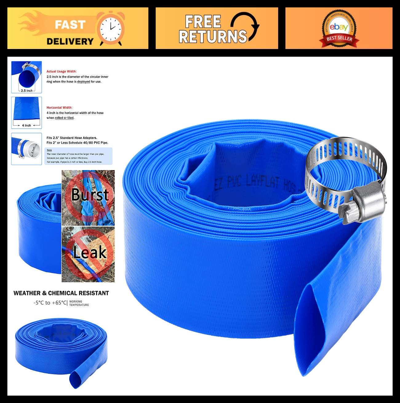 Heavy Duty 2.5&Prime; x 25ft Backwash Hose – Reinforced PVC Lay Flat Water Discharge f