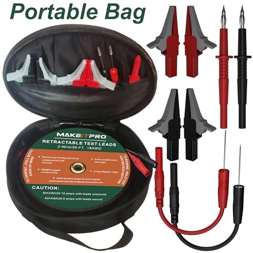 Retractable Test Leads 2 Wires 30FT 18AWG 10 in 1 Kit with Cable Bag and