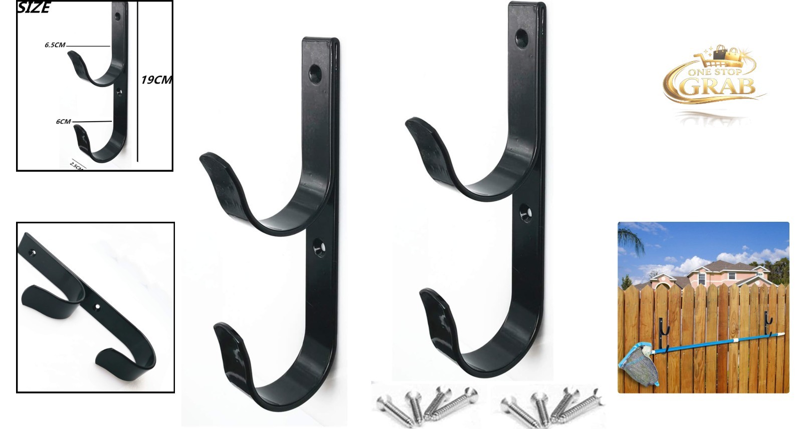 2 Pack Pool Pole Hangers Heavy Duty Black Aluminum Hooks with Screws