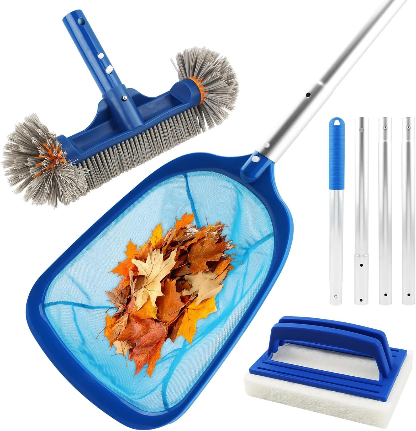 Pool Cleaning Kit 59&Prime; Adjustable Pole Skimmer Net Brush Sponge Above Ground Spa