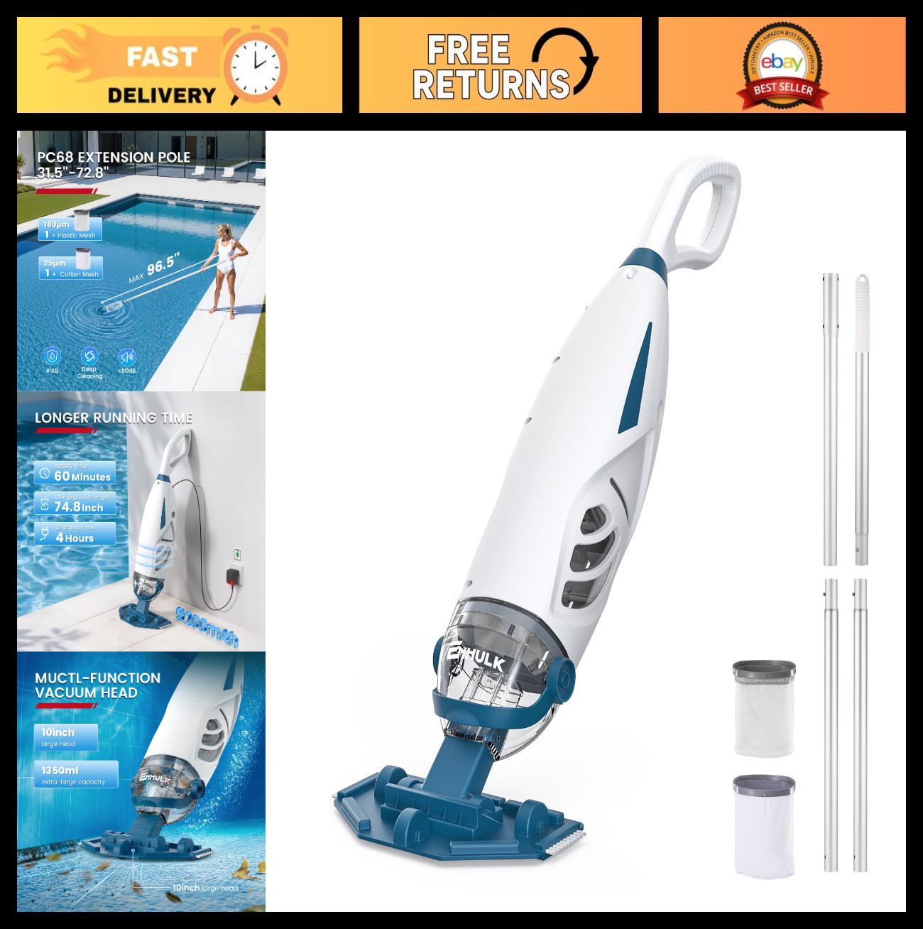 Cordless Pool Vacuum with 6&prime; Pole, 26.5 GPM Suction, 1H Runtime, 2 Filters – Ide