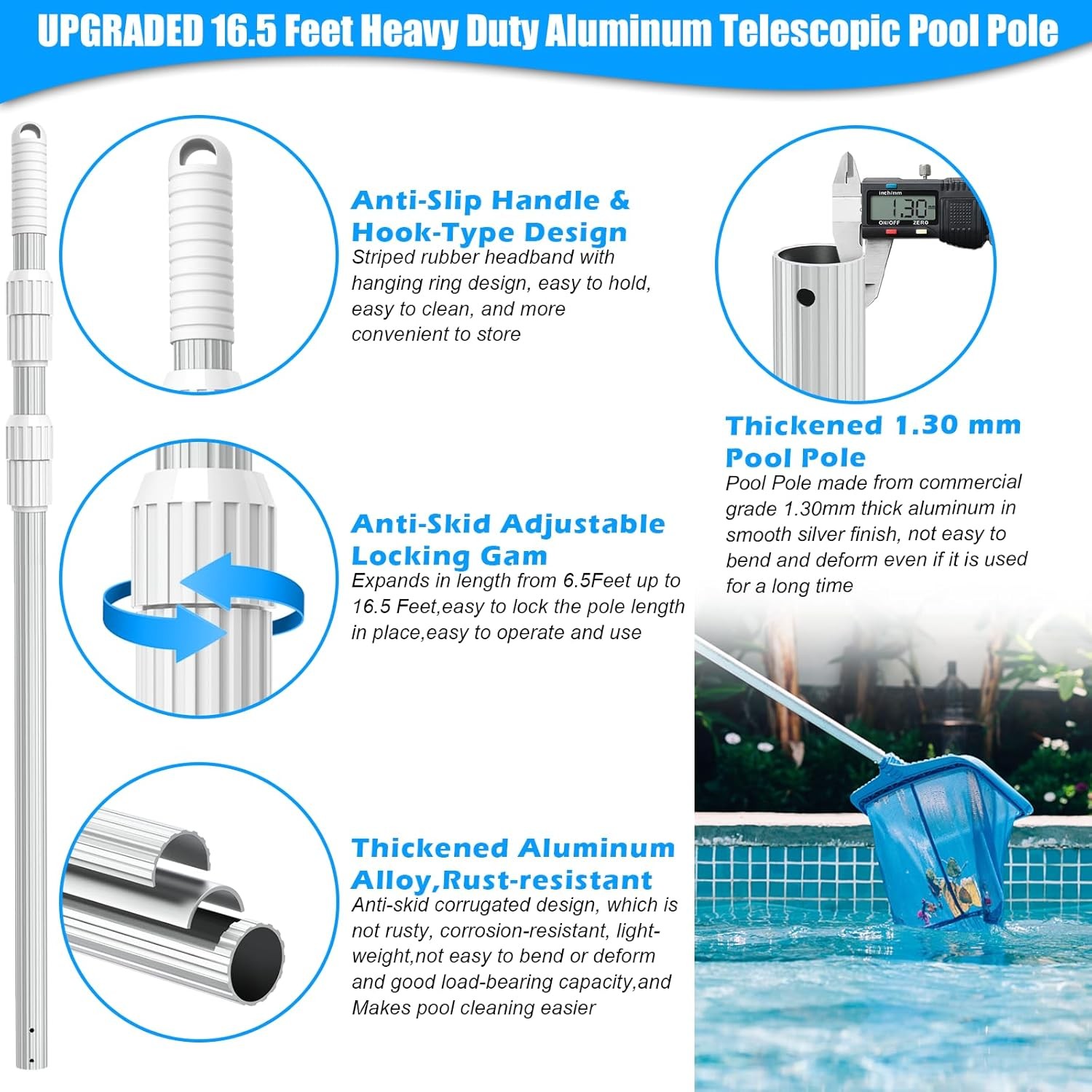16.5 Feet Pool Pole Heavy Duty Aluminum Adjustable 6.516.5 Feet
