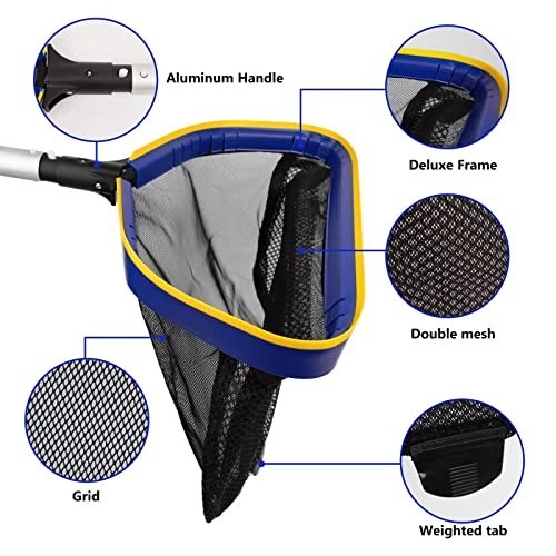 Pool Skimmer Net 17x16x17 Inch Fine Mesh Leaf Rake 3-10 ft Adjustable Aluminum