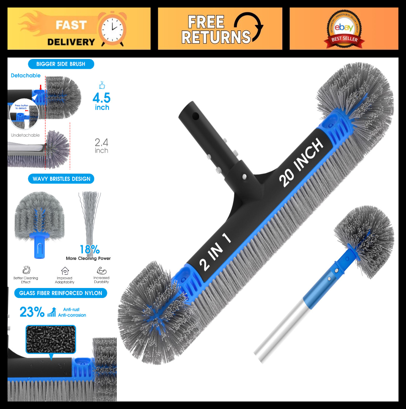 20&Prime; 2-in-1 Pool Brush Head & Cobweb Duster – Heavy Duty Cleaning Tool, EZ Clip,