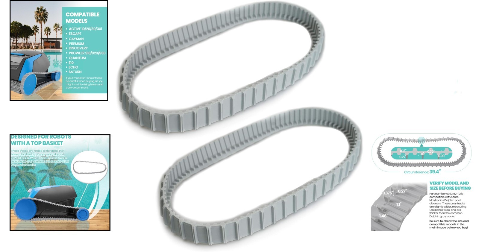 (2 Pack) Replacement Gray Tracks for Maytronics Dolphin 9983152-R2,