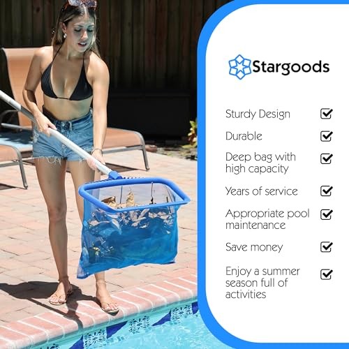 Blue Pool Leaf Rake Vacuum Durable Frame Mesh Bag Easy Pool Maintenance