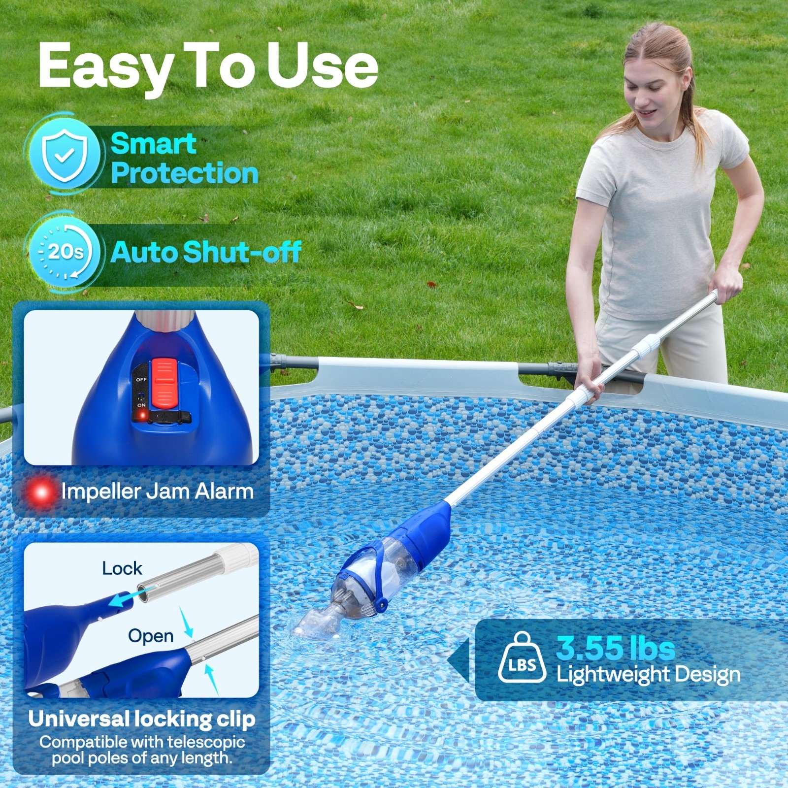 Cordless Handheld Pool Vacuum Cleaner – 13.2 GPM Suction, 60min Battery, Adjusta