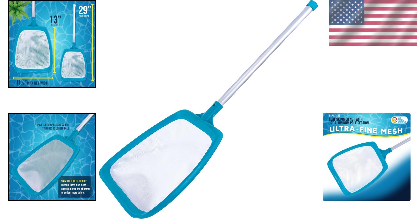 Lightweight Handheld Leaf Skimmer Net with 17&Prime; Aluminum Pole for Pools & Ponds