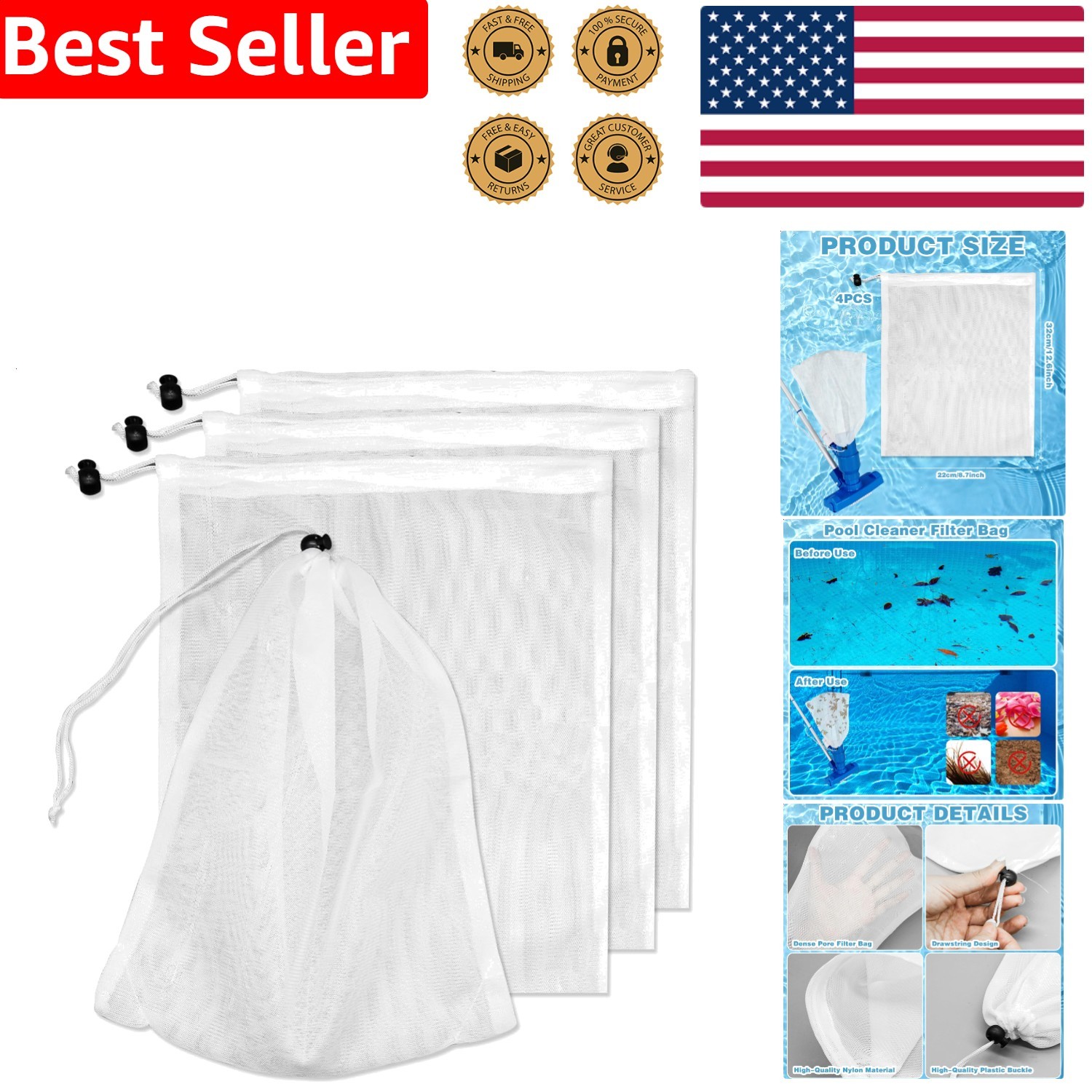 Pool Vacuum Mesh Bags 4-Pack Fine Filter Net Drawstring Leaf Debris Cleaner R…