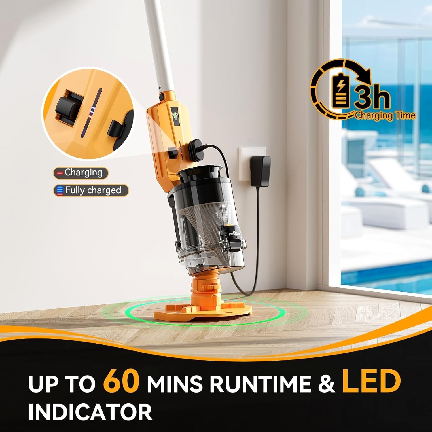 Cordless Pool Vacuum Handheld with Telescopic Pole 30 GPM Suction Rechargeabl…