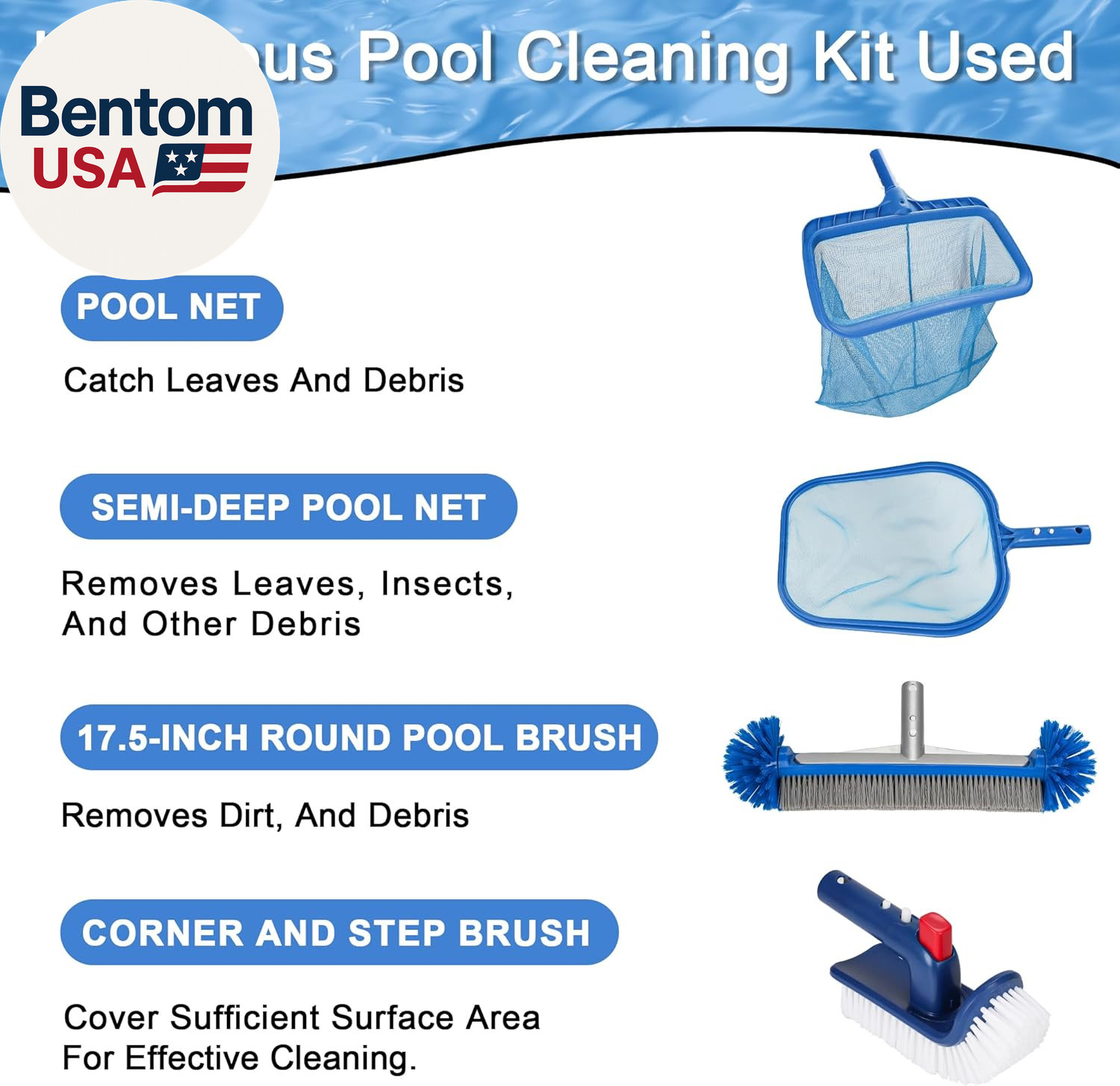 Pool Cleaning Kit Professional Heavy Duty Leaf Skimmer Net, Deep Bag Rake & Wall