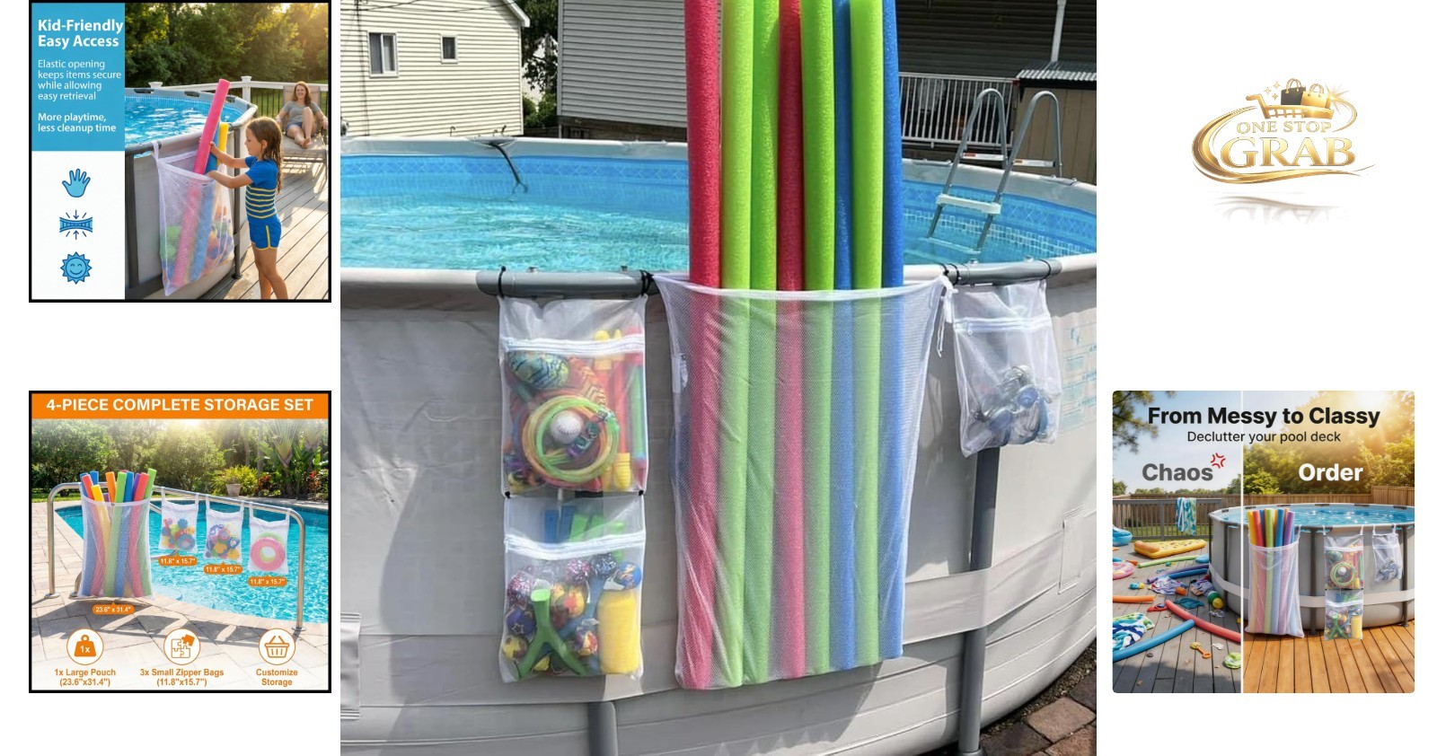 Poolside Mesh Storage Bags 4-Pack Toy Noodle Float Organization Durable Polye…