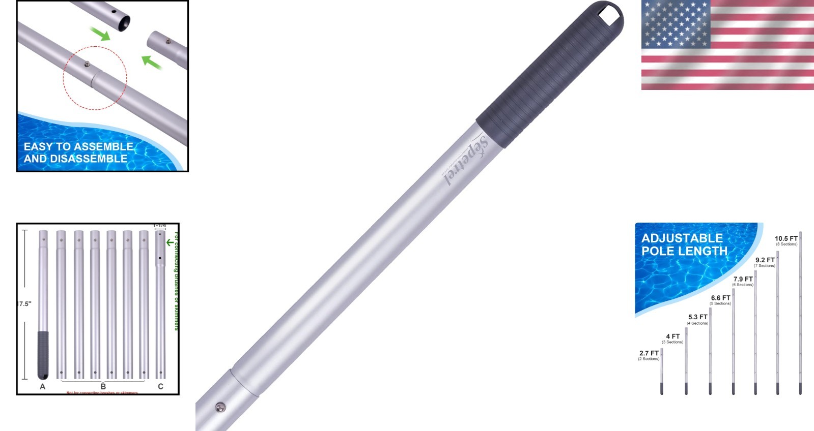10.5 FT Adjustable Anodized Aluminum Pool Cleaning Pole – Lightweight & Compact