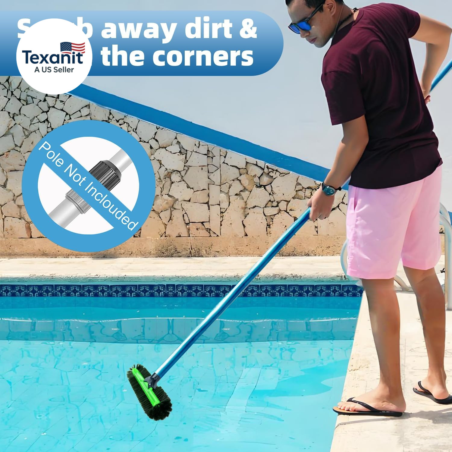 20&Prime; Wide Pool Brush Head, Heavy Duty Pool Scrub Brush with 12-Rows Soft Bristles