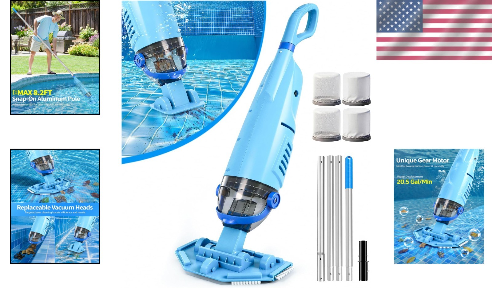 Cordless Pool Vacuum Cleaner with 4 Filter Bags – Light Blue