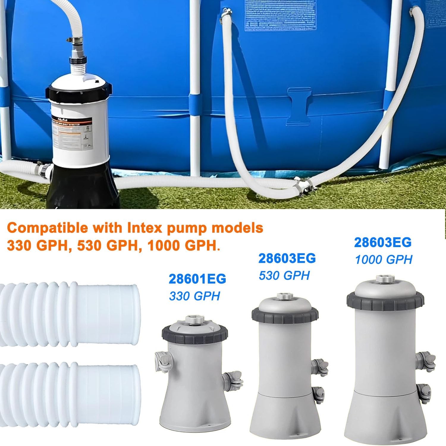 Qloby 2 Pack 1.25&Prime; x 59&Prime; Pool Hoses for Above Ground x 59&Prime;, White