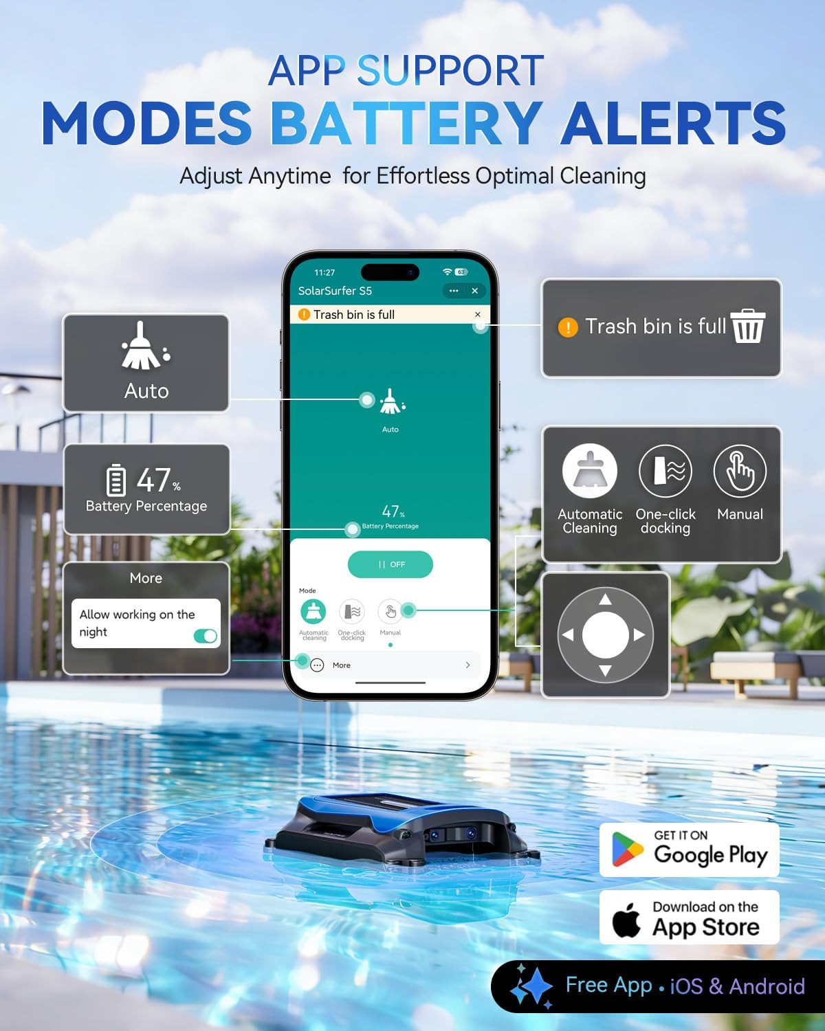 Smart Solar Pool Skimmer Robot with APP Control for Inground & Above Ground Pool