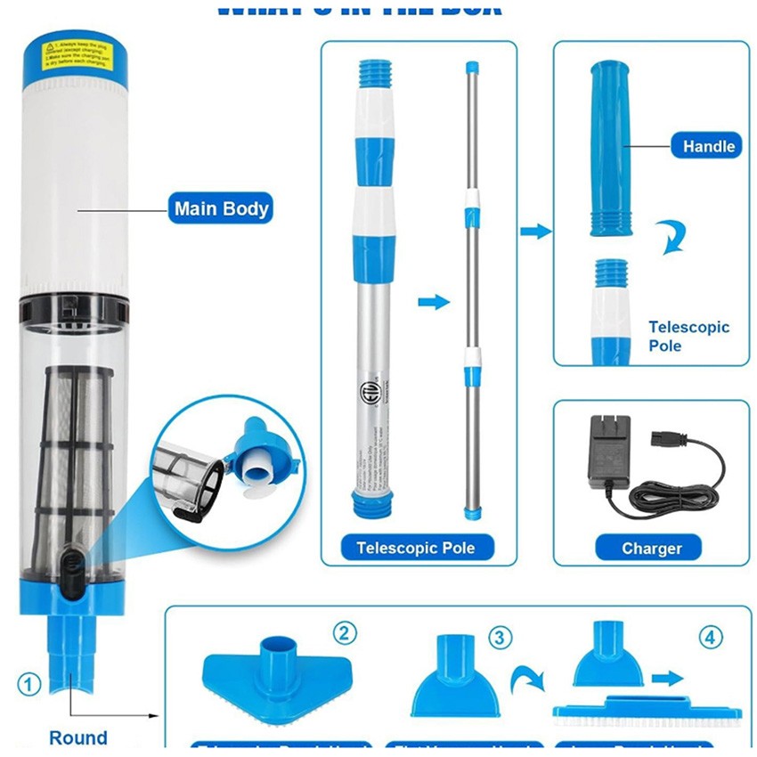 3 IN 1 Portable Pool Vacuum Cleaner Cordless Rechargeable Handheld Pool Cleaner
