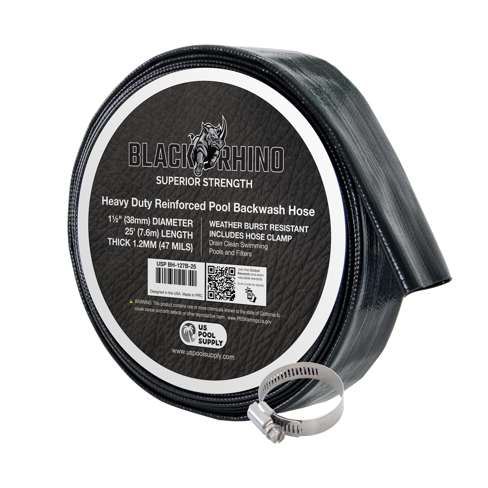 U.S. Pool Supply Black Rhino 1-1/2&Prime; x 25&prime; Pool Backwash Hose with Hose Clamp