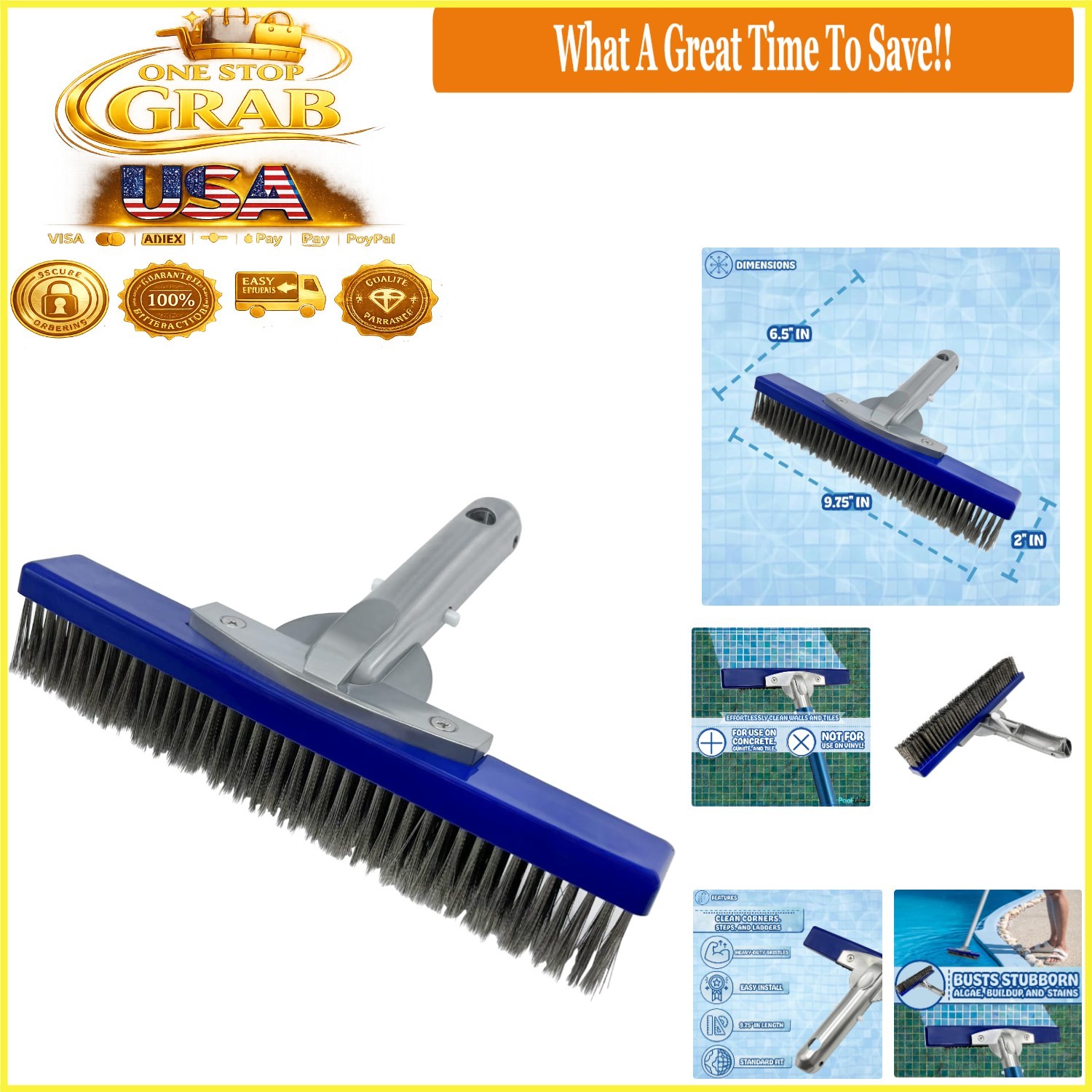 Medium Hard Bristle Pool Brush for Gunite, Concrete & Tile, Rust-Resistant