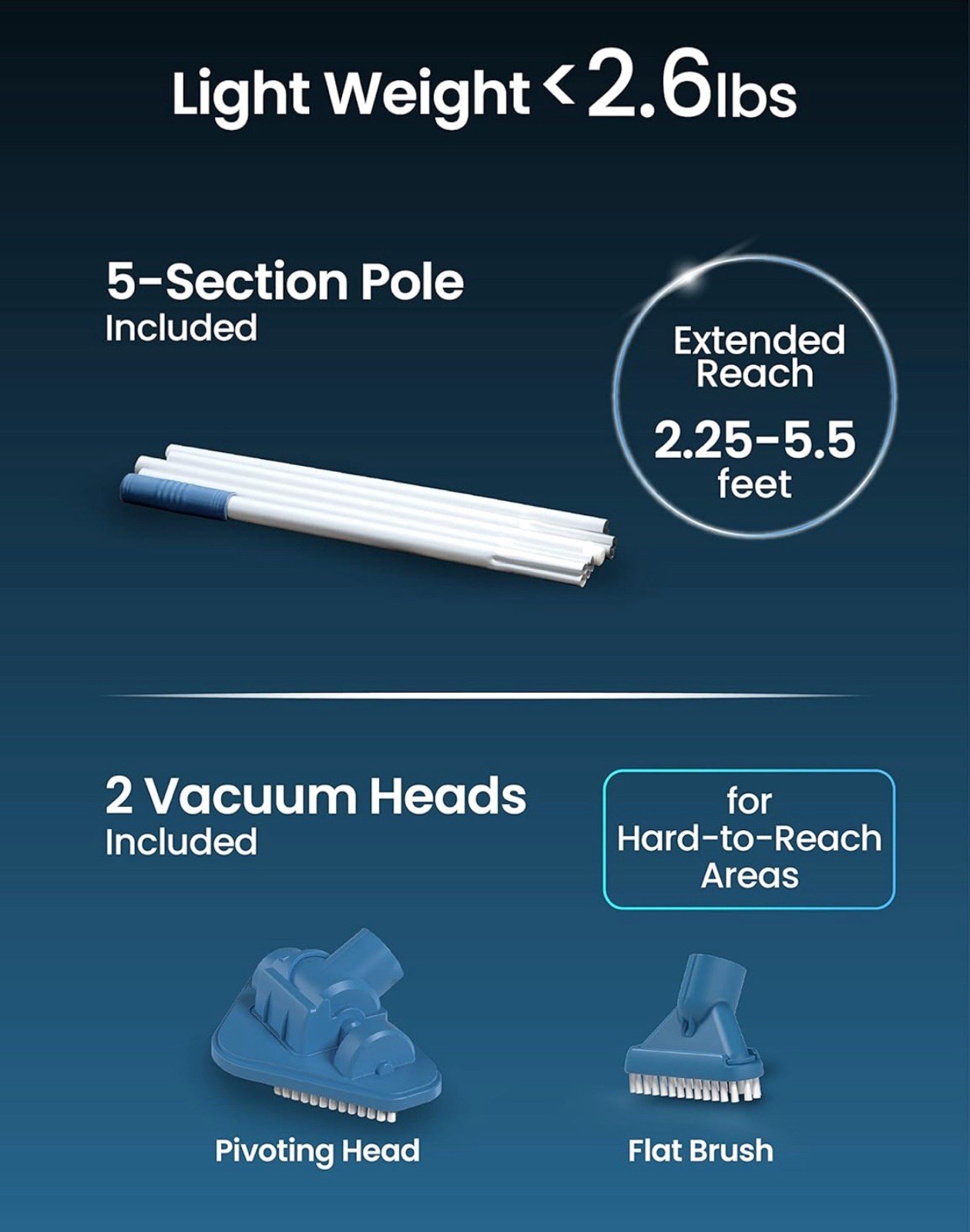 KOKIDO 2025 upgrade Rechargeable Handheld Pool Vacuum Aluminum Pole and 2 Brush