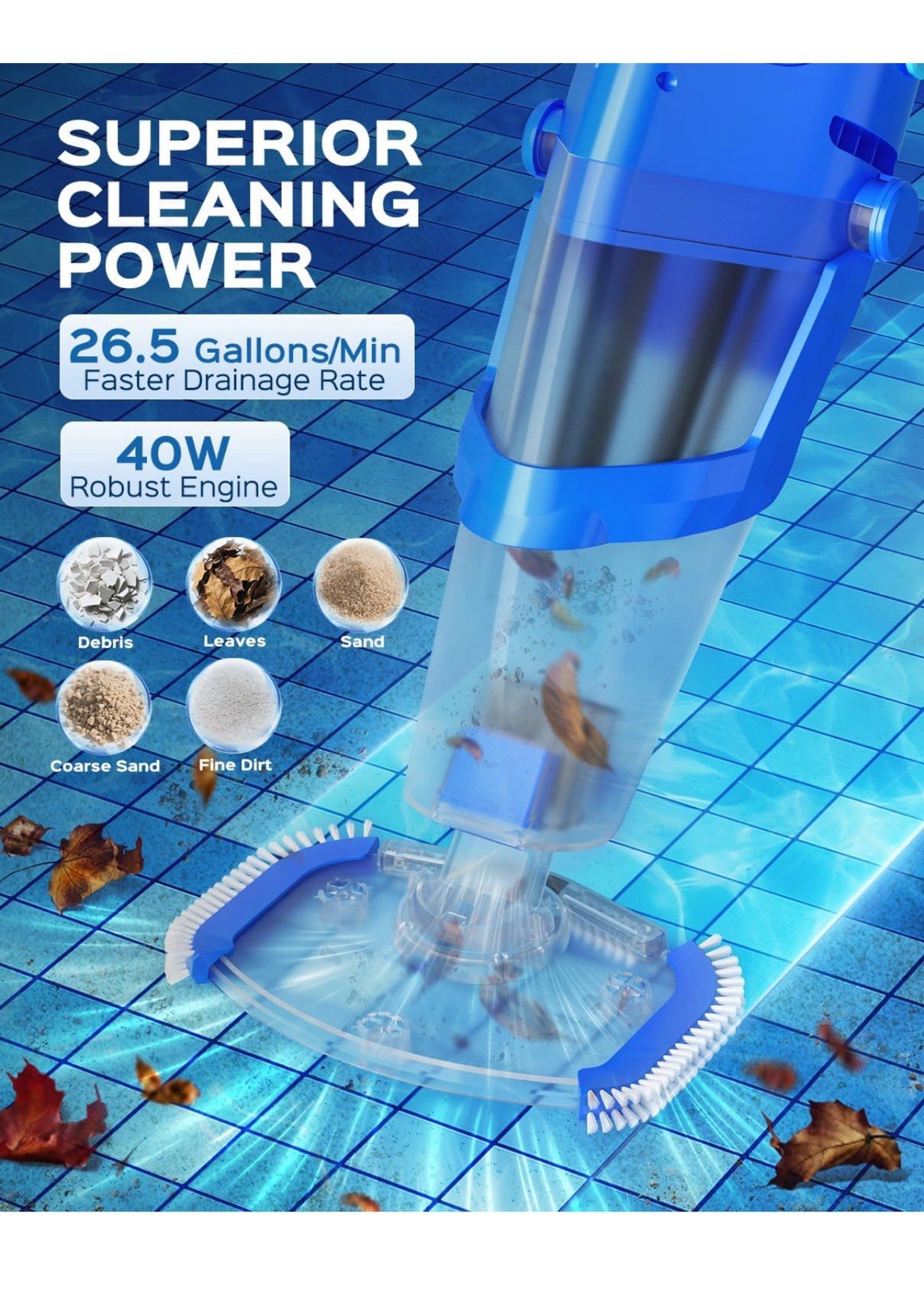 Cordless Pool Vacuum with Telescopic Pole, 18.5 GPM Powerful Suction – Deep Blue