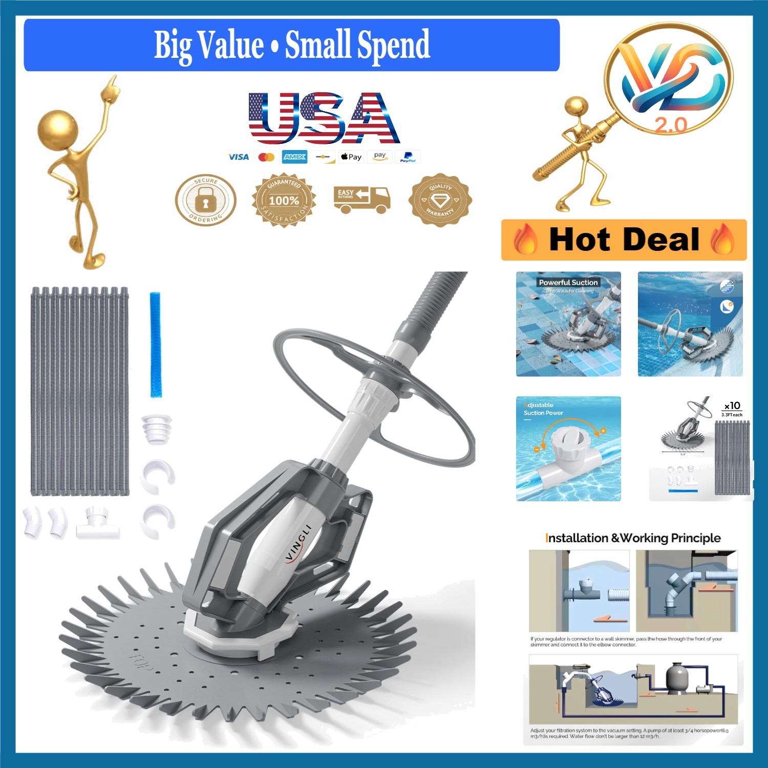 Light Gray Above Ground Pool Vacuum Cleaner 33FT Hoses Suction Powered