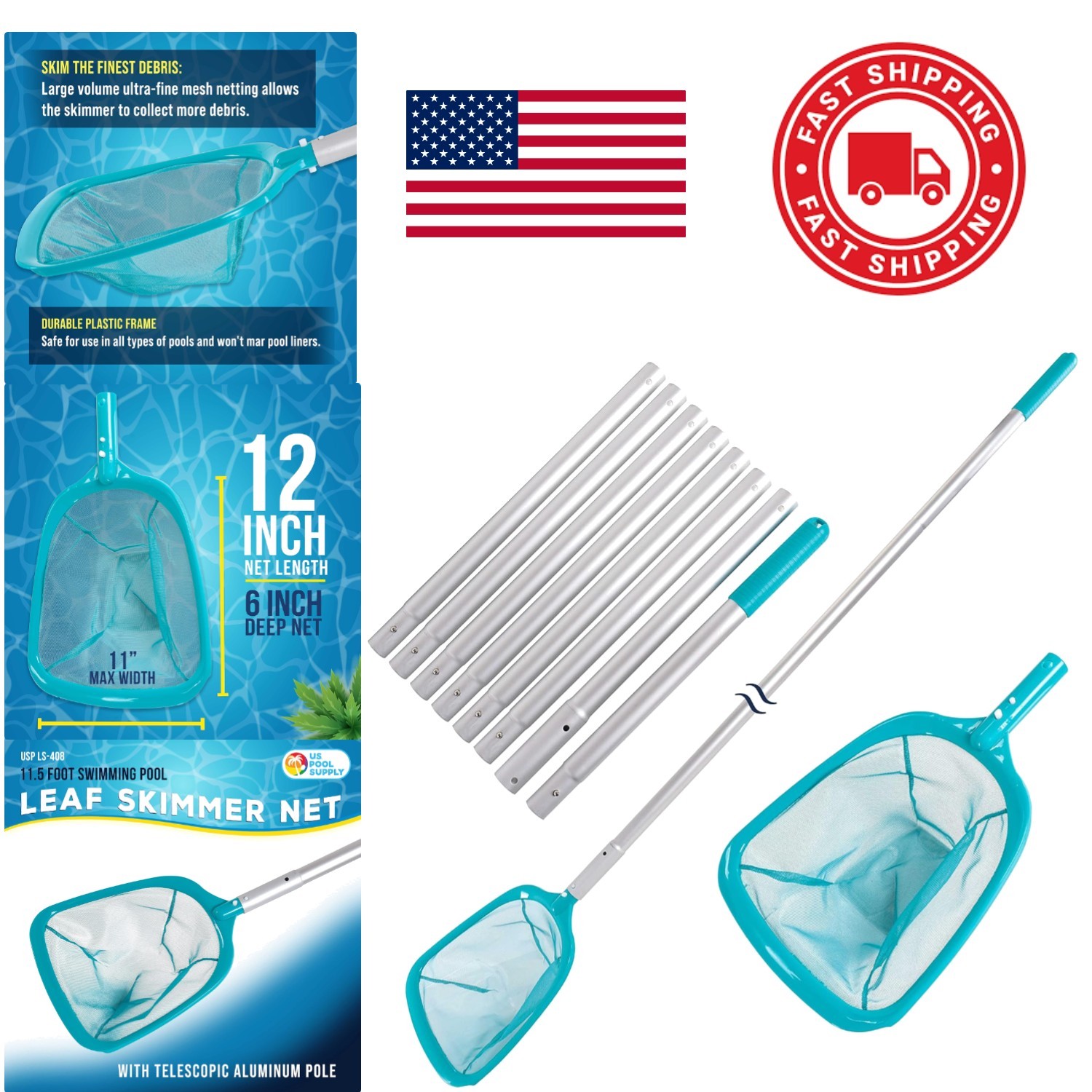 Lightweight 11.5 Foot Skimmer Net with 6 Inch Deep Mesh for Pool Cleaning