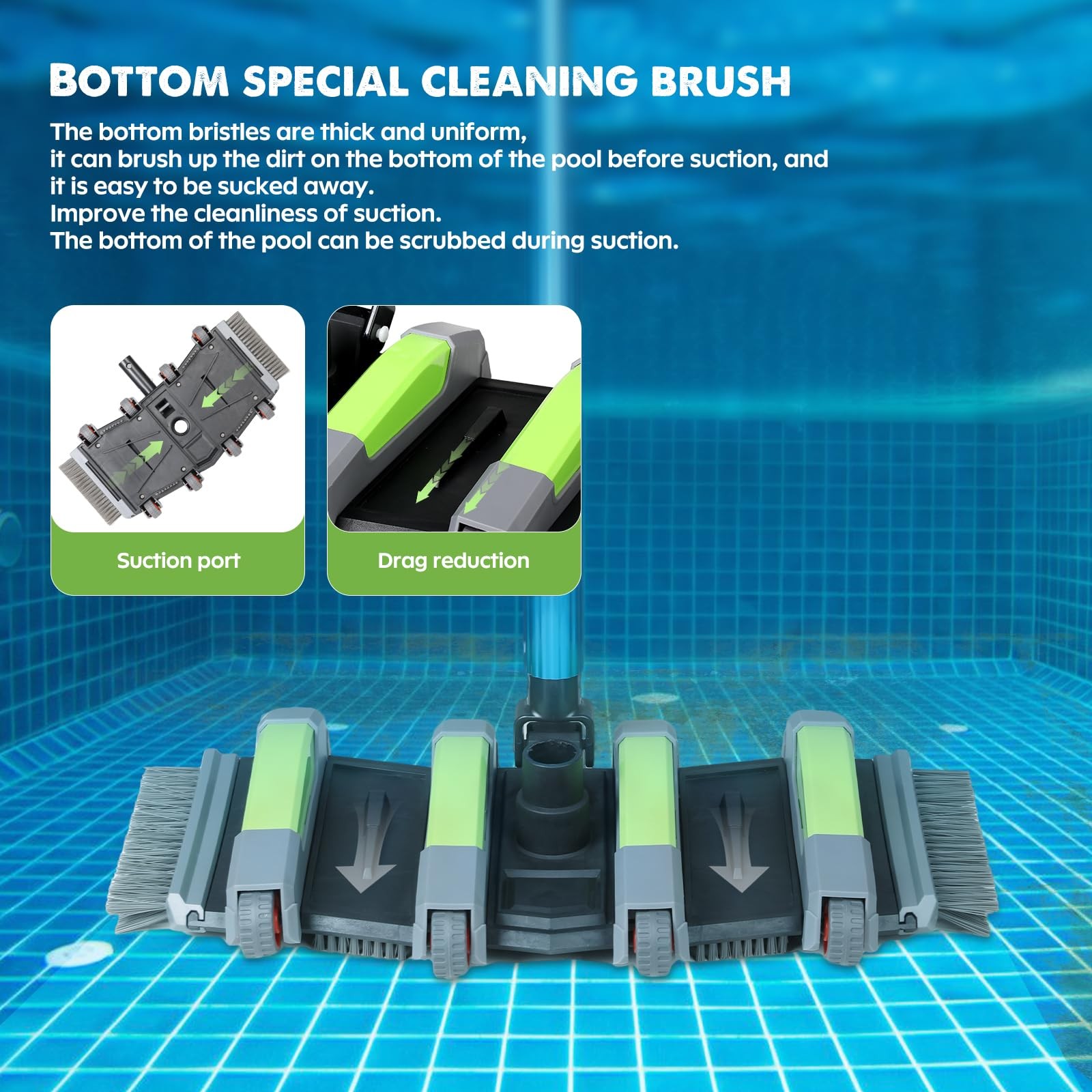 14&Prime; Heavy Duty Pool Vacuum Head with Wheels, Multi-Brush Manual Pool Vacuum, …