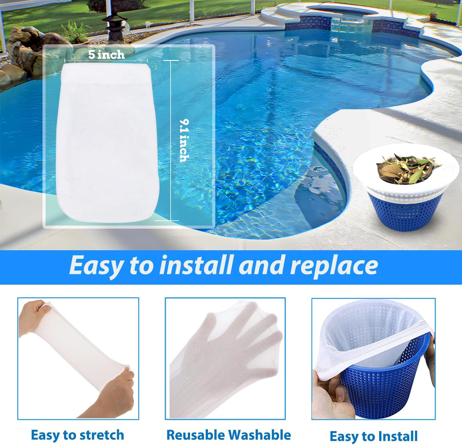 40-Pack Pool Skimmer Socks, Fine Mesh for Hair & Debris, Reusable & Durable
