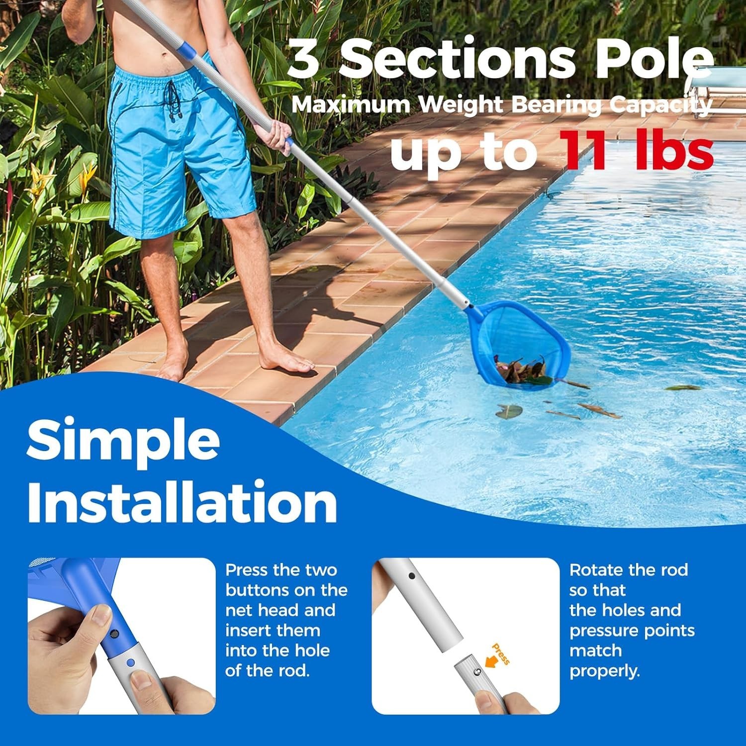 67.7 Inch Pool Skimmer Net with Adjustable Aluminum Pole for Effortless Cleaning