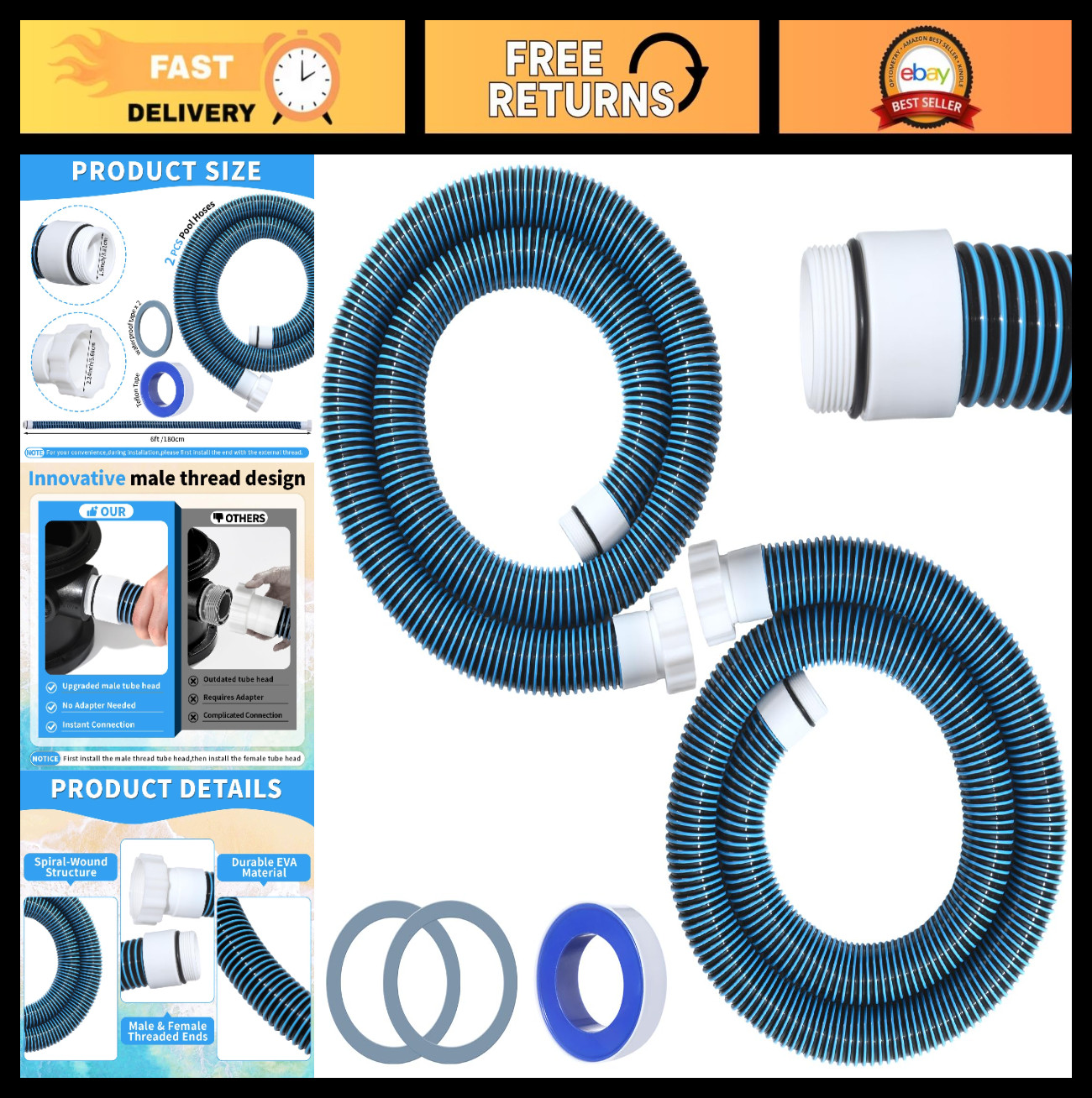 2-Pack 1.5&Prime; 6ft EVA Pool Hoses for Above Ground Filter Connection – Heavy Duty