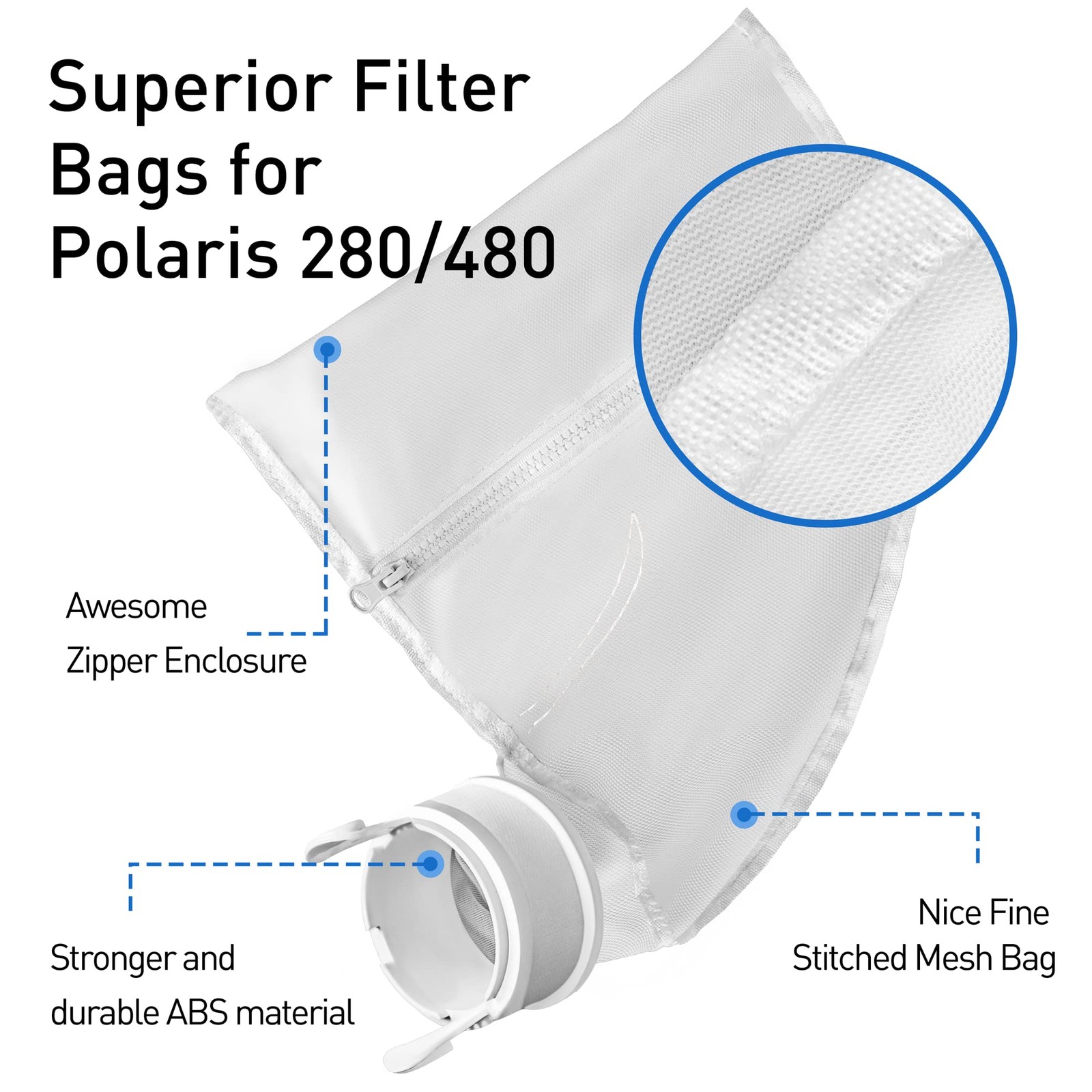 Nylon Mesh Pool Cleaner Bags,Bag Zipper Replacement for Polaris 2 pack White