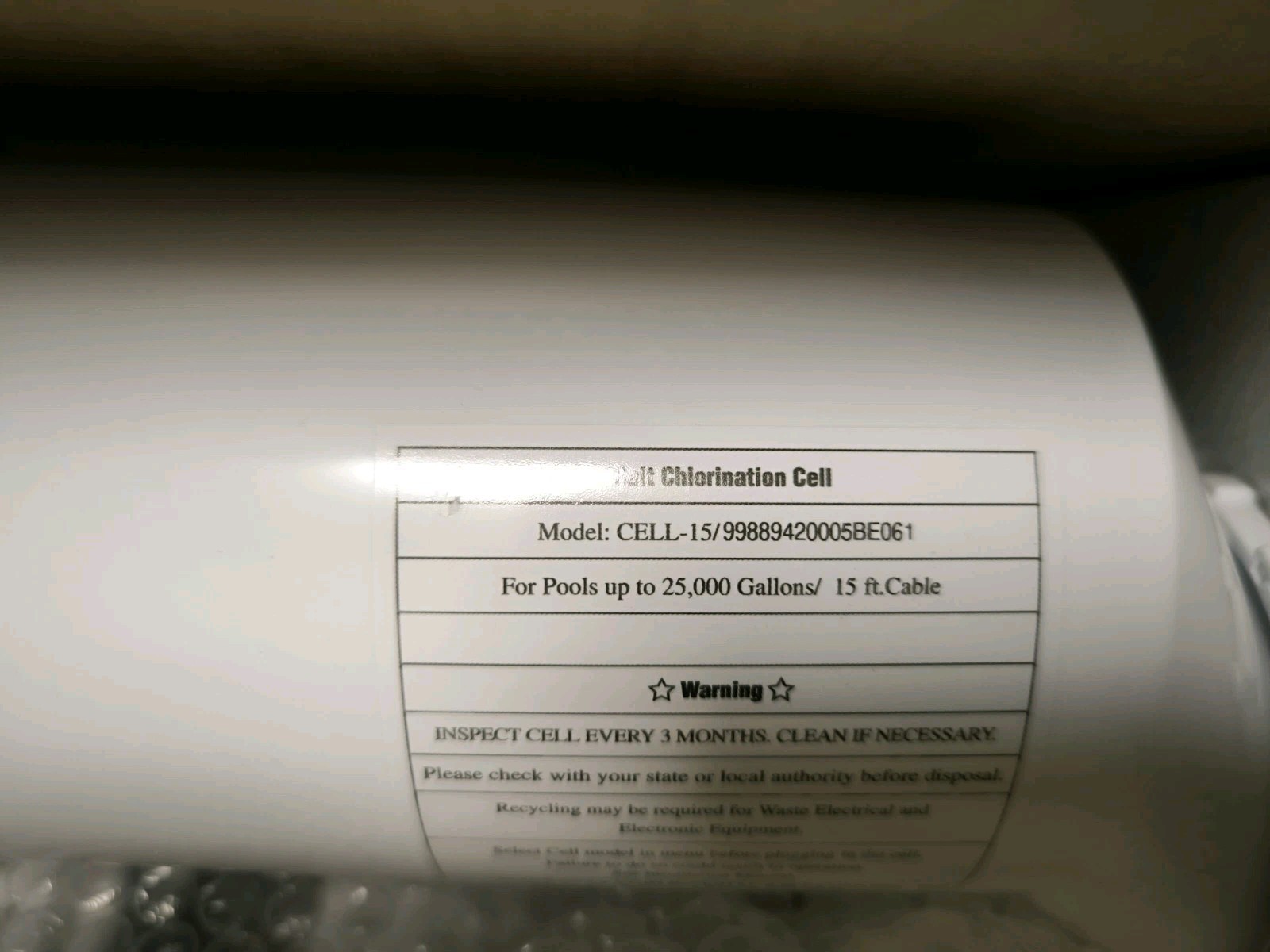 Cell-15 Salt Cell up to 25,000 Gallon Pool Chlorination Salt Chlorine Generator