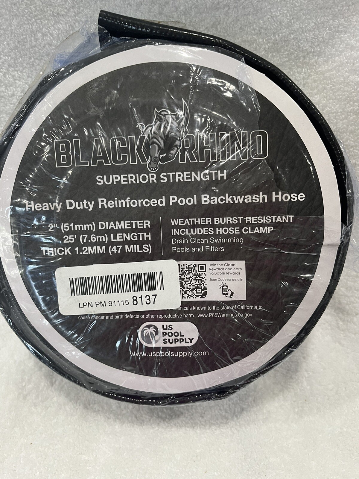 Pool Backwash Hose Black Rhino 2”x 25’ Heavy Duty Reinforced w Clamp Brand New!