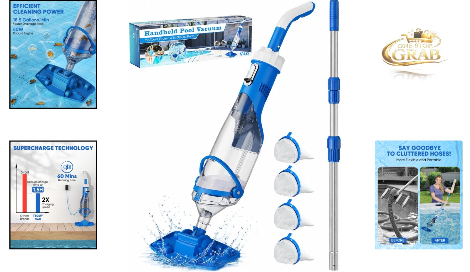 Blue Cordless Pool Vacuum Cleaner with Telescopic Pole 18.5 GPM Powerful Suction