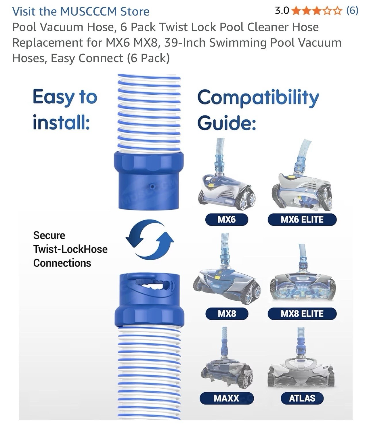 MUSCCCM Twist Lock Easy Connect Pool Hose 6 Pack for MX6 MX8 39-Inch