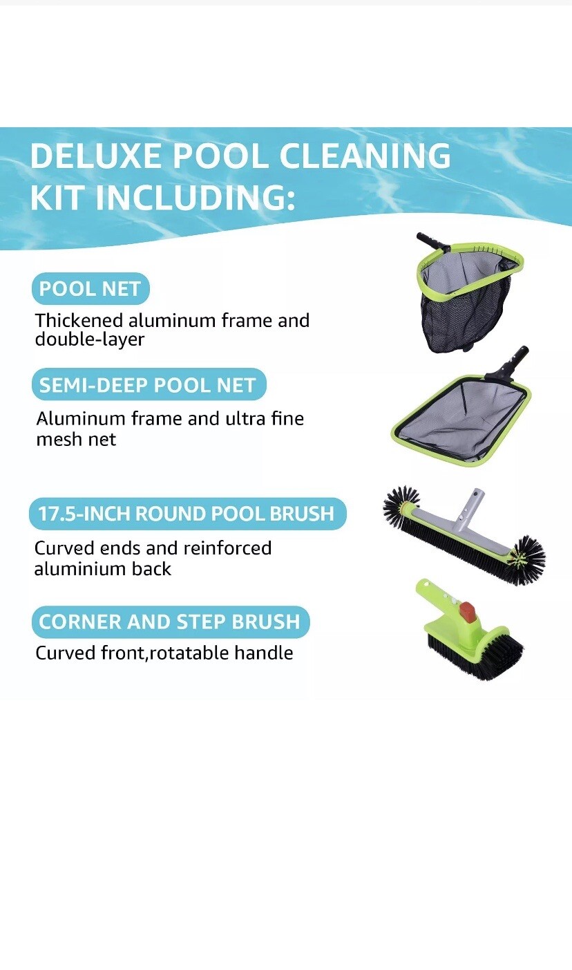 Deluxe Pool Cleaning Kit Leaf Skimmer Net Fine Mesh Net 17.5 Brush Head & Hand