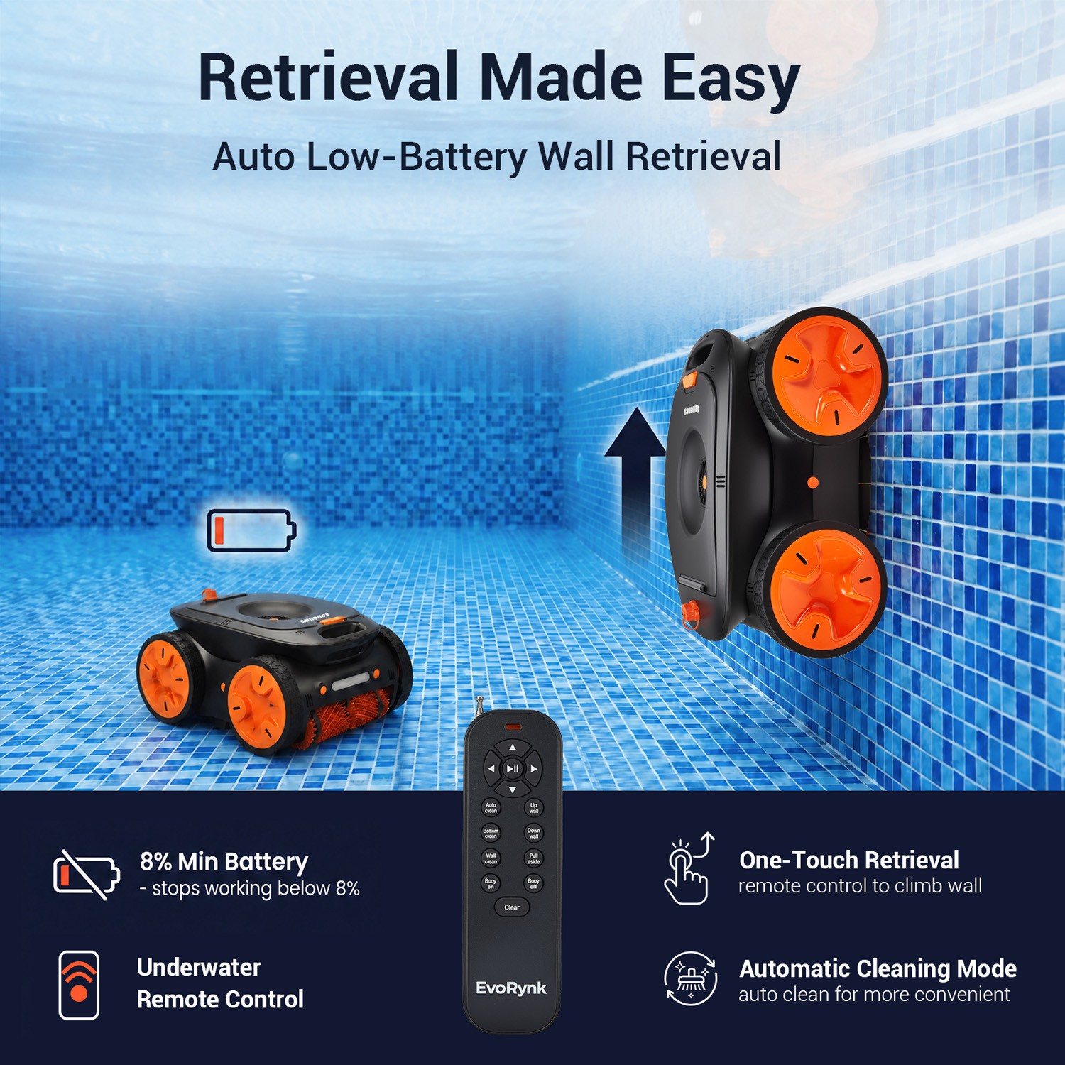 Cordless Robotic Pool Cleaner Remote Control 4WD Smart Nav Floor Wall Waterline